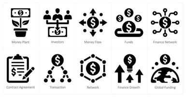 en uppsättning av 10 crowdfunding ikoner som pengar växt, investerare, pengar strömma vektor