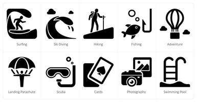 en uppsättning av 10 resa och semester ikoner som surfing, åka skidor dykning, vandring vektor