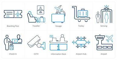 ein einstellen von 10 Flughafen Symbole wie Einsteigen passieren, Reisender, Reise vektor