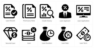 en uppsättning av 10 lån och skuld ikoner som lån procent, revers notera, kreditera historia vektor