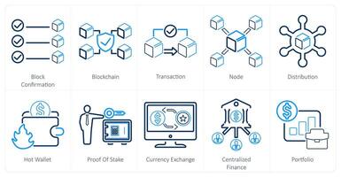 en uppsättning av 10 blockchain ikoner som blockera Bekräftelse, blockchain, transaktion vektor