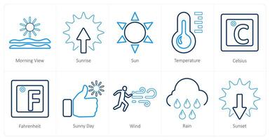 en uppsättning av 10 blanda ikoner som morgon- se, soluppgång, Sol vektor