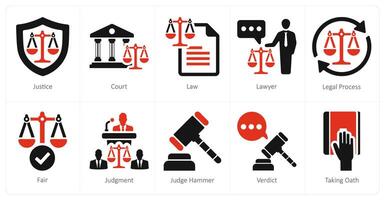 en uppsättning av 10 rättvisa ikoner som rättvisa, domstol, lag vektor