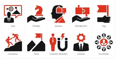 en uppsättning av 10 ledarskap ikoner som mål, strategi, lösning, förvaltning vektor