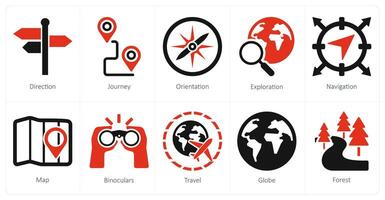 ein einstellen von 10 Abenteuer Symbole wie Richtung, Reise, Orientierung vektor