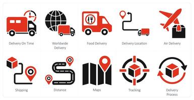 en uppsättning av 10 leverans ikoner som leverans på tid, över hela världen leverans, mat leverans vektor