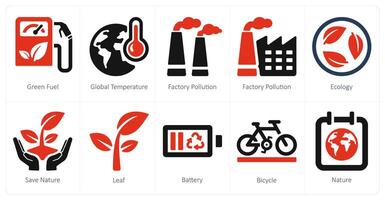 ein einstellen von 10 Ökologie Symbole wie Grün Kraftstoff, global Temperatur, Fabrik Verschmutzung vektor