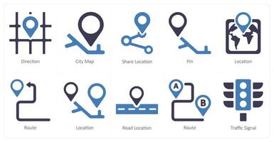 en uppsättning av 10 navigering ikoner som riktning, stad Karta, dela med sig plats vektor