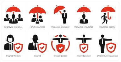 ein einstellen von 10 Versicherung Symbole wie Mitarbeiter Versicherung, Familie Versicherung, Individuell Versicherung vektor