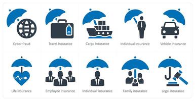 en uppsättning av 10 försäkring ikoner som cyber bedrägeri, resa försäkring, frakt försäkring vektor