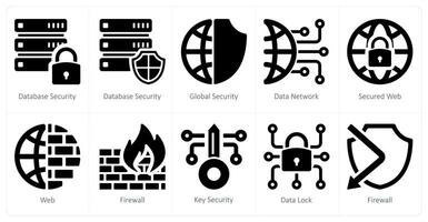ein einstellen von 10 Sicherheit Symbole wie Datenbank Sicherheit, global Sicherheit, Daten Netzwerk vektor