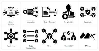 en uppsättning av 10 blockchain ikoner som cyber säkerhet, kryptering, smart kontrakt vektor