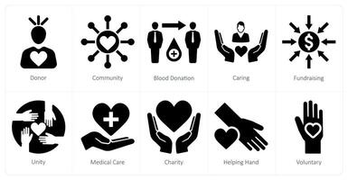 en uppsättning av 10 välgörenhet och donation ikoner som givare, gemenskap, blod donation vektor