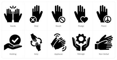 en uppsättning av 10 händer ikoner som händer, sluta, revolt vektor