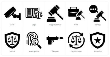 en uppsättning av 10 rättvisa ikoner som cctv, Rättslig, bedöma hammare vektor