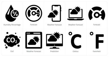 ein einstellen von 10 Wetter Symbole wie Feuchtigkeit Prozentsatz, Vorhersage, Wetter Prognose vektor