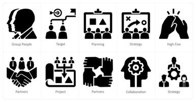 ein einstellen von 10 Zusammenarbeit Symbole wie Gruppe Menschen, Ziel, Planung vektor