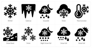 en uppsättning av 10 väder ikoner som vinter, kall is, snöfall vektor