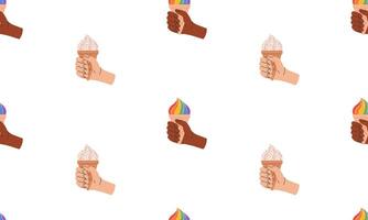 sömlös mönster med symbol av lgbtq stolthet gemenskap. hand innehav regnbåge is grädde. HBTQ stolthet månad. illustration vektor