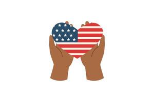 Hände halten amerikanisch Flagge im das gestalten von Herz. Denkmal Tag und Unabhängigkeit Tag Konzept. vektor