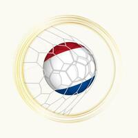 nederländerna scoring mål, abstrakt fotboll symbol med illustration av nederländerna boll i fotboll netto. vektor
