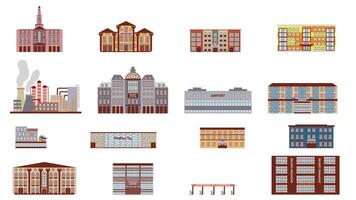 einstellen von Symbole von Stadt Gebäude, Elemente von städtisch Infrastruktur, Abbildungen im ein eben Stil. vektor