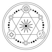 Magie esoterisch Symbol. Illustration von Okkulte Mystiker Zeichen mit Sonne, Mond Phasen, Star und Halbmond im linear Stil. Fantasie Gliederung runden Zeichnung zum Symbol oder Logo. schwarz und Weiß vektor