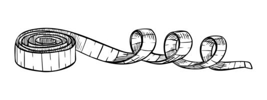 Band messen. Illustration von Zentimeter auf isoliert Hintergrund. linear Zeichnung von Ausrüstung zum Schneider gemalt durch schwarz Tinten. skizzieren Fitness Lineal zum Messung Parameter vektor