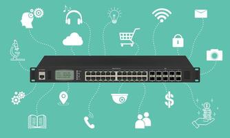 Fachmann Netzwerk industriell Gigabit Schalter isoliert auf Weiß Hintergrund mit sfp Häfen, poe Hafen, rj45 modular Stecker zum solide Katze5, Katze 5e, cat6 Ethernet Kabel Anschlüsse. Illustration. vektor