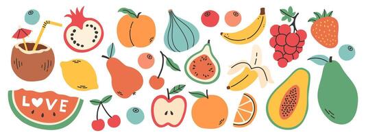 einstellen von anders Früchte und Beeren. Sammlung von organisch Vitamine und gesund Ernährung. Wassermelone, Ananas, Banane, Pfirsich. farbig eben Illustration isoliert auf Weiß Hintergrund. vektor