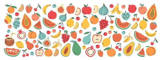 einstellen von anders Früchte und Beeren. Sammlung von organisch Vitamine und gesund Ernährung. Wassermelone, Ananas, Banane, Pfirsich. farbig eben Illustration isoliert auf Weiß Hintergrund. vektor