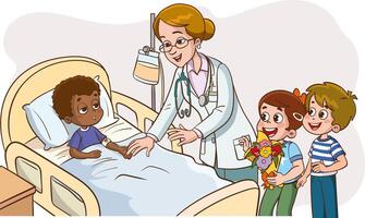 Kinderarzt Arzt Frau tun medizinisch Untersuchung von Kinder. modern eben Stil Illustration Karikatur Clip Art. vektor