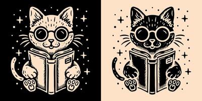 Katze lesen ein Buch schwarz und Beige Kätzchen tragen Brille und halten ein Buch himmlisch Galaxis Fantasie ästhetisch Jahrgang retro Zeichnung zum Katzen und Buch Liebhaber minimalistisch Illustration Hemd drucken vektor