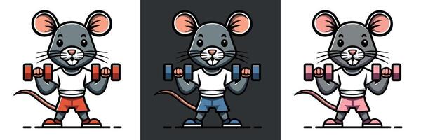 Fitnessstudio Ratte Heben Gewichte Illustration Hantel komisch Fitnessstudio und Fitness Logo Konzept passen Familie Zeichnung Haustier Stärke Ausbildung Gliederung minimalistisch eben Design zum Digital und druckbar Produkte vektor