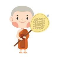 man buddist munk i traditionell klädnader med talipot fläkt vektor