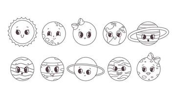 trendig tecknad serie häftig planet tecken i retro stil 60s och 70-tal. översikt planeter. färg bok vektor
