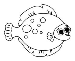svart och vit flundra ikon. under de hav linje illustration med söt rolig platt fisk. hav djur- ClipArt. tecknad serie under vattnet, marin klämma konst eller färg sida för barn. spätta bild vektor