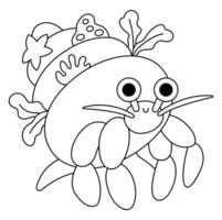 schwarz und Weiß Einsiedler Krabbe mit Schale Symbol. unter das Meer Linie Illustration mit süß komisch Ozean Tier. Karikatur unter Wasser oder Marine Clip Art oder Färbung Seite zum Kinder vektor