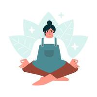 eben Illustration mit Lotus, weiblich Charakter im Meditation Pose. Frau ist Glücklich, Gefühl Harmonie, sie Liebe Hobby zu wachsen Pflanzen, Blume beim Zuhause vektor