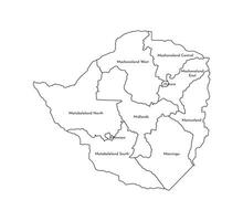 isoliert Illustration von vereinfacht administrative Karte von Zimbabwe. Grenzen und Namen von das Provinzen, Regionen. schwarz Linie Silhouetten. vektor