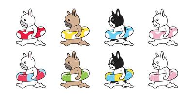 Hund Französisch Bulldogge Symbol Schwimmen Ring Schwimmbad Ozean Hündchen Haustier Pfote Charakter Karikatur Strand Sommer- Symbol Schal Gekritzel Illustration Design vektor