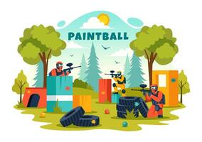 Menschen spielen Paintball Illustration von Kämpfer Spieler Schießen mit Gewehr schießen, Ziel, Attacke im Feld Szene im eben Karikatur Hintergrund vektor