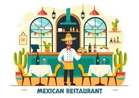 mexikansk mat restaurang illustration med olika av utsökt traditionell kök tacos, nachos och Övrig på platt tecknad serie bakgrund vektor