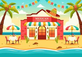 Mexikaner Essen Restaurant Illustration mit verschiedene von köstlich traditionell Küche Tacos, Nachos und andere auf eben Karikatur Hintergrund vektor