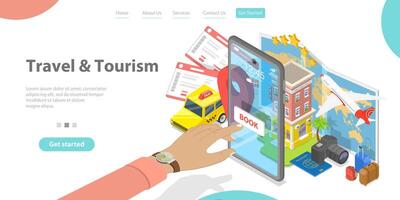 3d isometrisk platt landning sida mall av resa bokning uppkopplad app. vektor