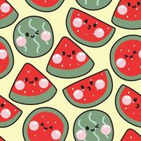 sömlös mönster av söt vattenmelon leende ansikte på gul bakgrund.catoon karaktär design.frukt och vegtable hand ritad.sommarfräsch.unge graphic.wallpaper.kawaii.illustration. vektor