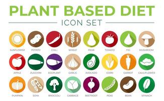 färgrik växt baserad diet runda ikon uppsättning av solros, potatis, chili, vete, päron, tomat, fikon, svamp, äpple, zucchini, äggplanta, vitlök, avokado, majs, morot, blomkål, pumpa, soja ikoner. vektor