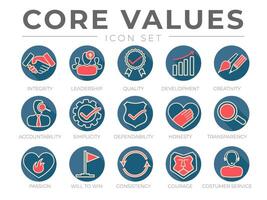 företag kärna värden runda platt ikon uppsättning. integritet, ledarskap, kvalitet och utveckling, kreativitet, ansvarighet, enkelhet, pålitlighet, ärlighet, genomskinlighet, passion, kommer till vinna ikoner. vektor