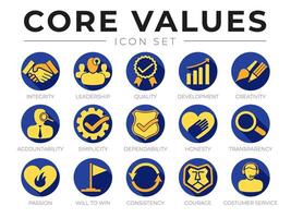 Unternehmen Ader Werte runden Netz Symbol Satz. Integrität, Führung, Entwicklung, Einfachheit, Zuverlässigkeit, Ehrlichkeit, Transparenz, Hingabe, werden zu gewinnen, Konsistenz, Mut und Kunde Bedienung Symbole. vektor