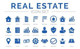 verklig egendom ikon uppsättning av Hem, hus, lägenhet, uppköp, hyra, sökande, investering, välja, önskelista, låg hög pris, ägare, försäkring, ombud, lån, plats, område, pris, bearbeta, ikoner. vektor